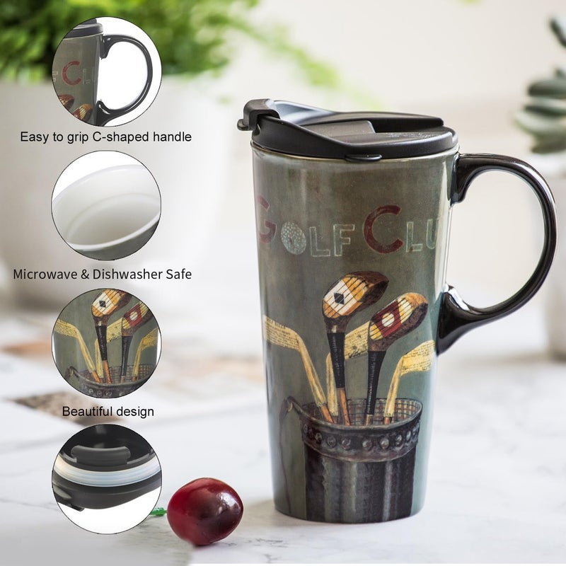 Topadorn Coffee Ceramic Mug Porcelain Latte Tea Cup with Lid 17oz,Golf - Image 3